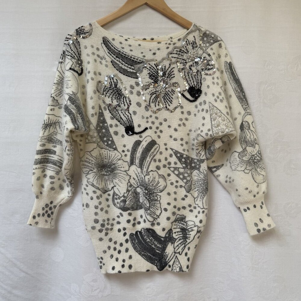 Vintage 80s Lambswool Angora Dolman Sleeve Sweater Womens Large Sequin F Pearl